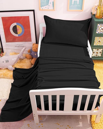 NTBAY Toddler Bedding Set - 4 Piece Soft and Breathable Crib Bedding Set for Boys and Girls, Includes Quilted Comforter, Fitted Sheet, Flat Top Sheet and Envelope Pillowcase, Black