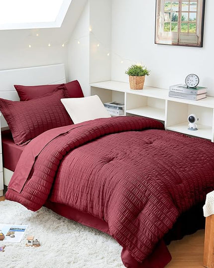 HYMOKEGE Burgundy Twin XL Comforter Set Seersucker 5 Pieces, All Season Luxury Bed in a Bag for Bedroom, Bedding Set with Comforter, Sheets, Pillowcase & Sham