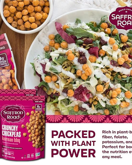 Saffron Road Roasted Korean BBQ Crunchy Chickpeas | High-Protein, Vegan, Gluten-Free, Non-GMO, Halal & Kosher Certified Snack | 5.4 oz Resealable Pouch | Pack of 6