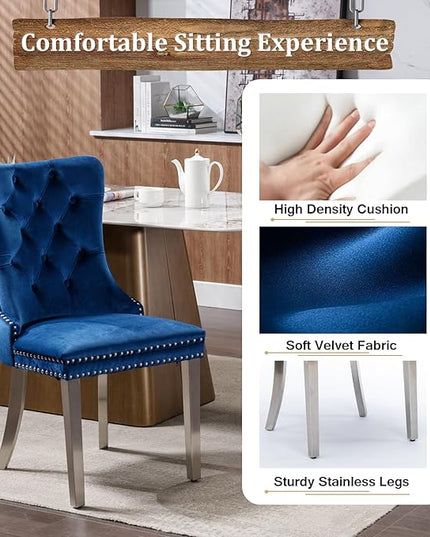 70" Modern Silver Glass Dining Table Set for 6, 7-Piece Rectangle Kitchen Dining Room Table Set with Steel Base & 6 Blue Velvet Upholstered Chairs, Modern Glass Kitchen Table and Chairs Set of 6