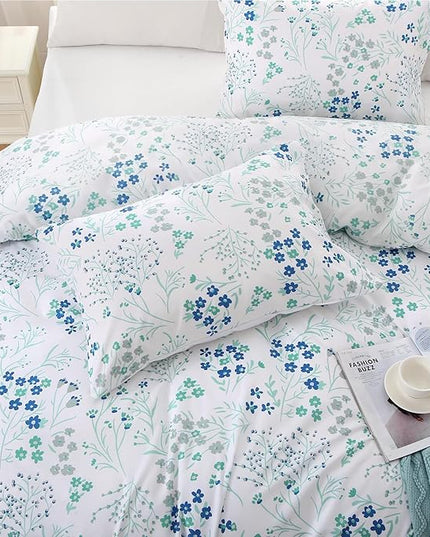 MUXHOMO Blue Flower Bed in a Bag Queen 7 Pieces, Queen Comforter Set Reversible Botanical Flowers Design, Ultra Soft & Breathable Bedding Sets with Comforter, Sheets, Pillowcases & Shams