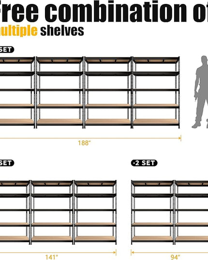 PrimeZone Heavy Duty Adjustable 5 Tier Garage Storage Shelves - 47" W x 18" D x 71" H, Metal Utility Rack Shelf Unit for Warehouse, Pantry, Closet, Kitchen, Black