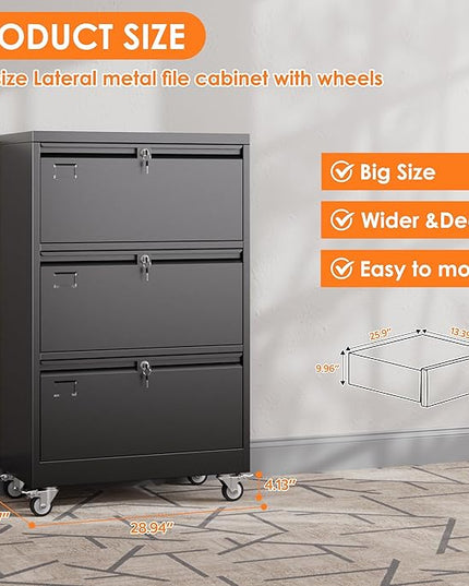 METAN Upgrade 3 Drawers Lateral File Cabinet on Wheels,Steel Office Filing Storage Cabinet with 3 Locks,Assembly Required,Black