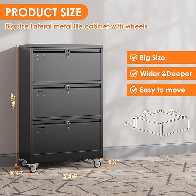 METAN Upgrade 3 Drawers Lateral File Cabinet on Wheels,Steel Office Filing Storage Cabinet with 3 Locks,Assembly Required,Black
