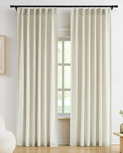Vision Home Ivory Beige Pinch Pleated Light Filtering Curtains Velvet Chenille Window Curtain Panels 90 inch for Living Room Bedroom Semi-Blackout Pinch Pleat Drapes with Hooks 36" Wx90Lx2,Pearl