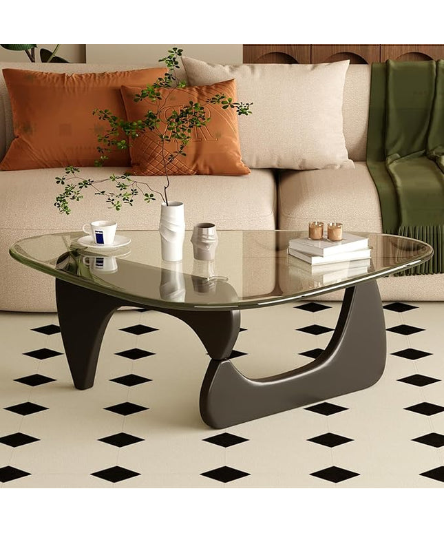 Coffee Table for Living Room Mid Century Modern Center Table with Glass Top and Wood, Transparent/Black