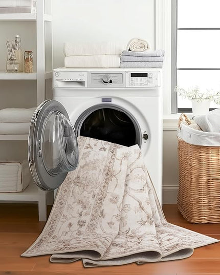 ReaLife Rugs Machine Washable Area Rug - Living Room Bedroom Bathroom Kitchen Entryway Office - Padded Low Pile Stain Resistant Premium - Boho Farmhouse Vintage - BEV - Beige 4' x 6'