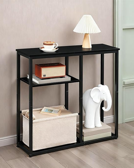 HOOBRO 30" Console Table with Linen Storage Basket, Small Entryway Table with 3-Tier Storage Shelves, Sofa Table, Behind Couch Sofa Table, Narrow Hallway Table, Black and Beige BF60XG01