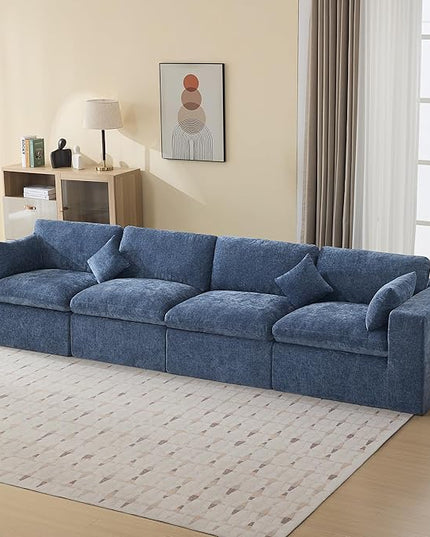 155''Cloud Boneless Sectional Couch, Modular Sectional Sofa Deep Seat, Oversized Upholstered Convertible Comfy 4 Seater Chenille Memory Foam Sofa Couches for Living Room, Blue