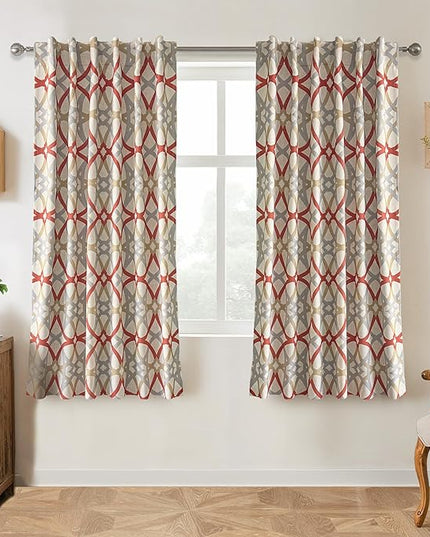 DriftAway Alexander 100% Blackout Curtains for Living Room Linen Blend Pattern Match Thermal Insulated Room Darkening Geo Moroccan Mid Century Back Tab Bedroom Drapes 2 Panels 52 x 63 Inch Linen Red