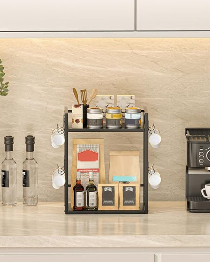 Dorhors 2 Tier Coffee Bar Accessories and Organizer,Multi-functional Mug Holder with 12 Hooks,Wood Coffee Station Organizer,Kitchen Countertop Shelf (Black)