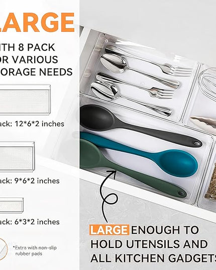 8-Pack Clear Plastic Drawer Organizer Trays – Large Dividers for Kitchen Gadgets, Bathroom Storage, Makeup & Vanity Accessories – Multi-Use Home Essentials for Organized Living