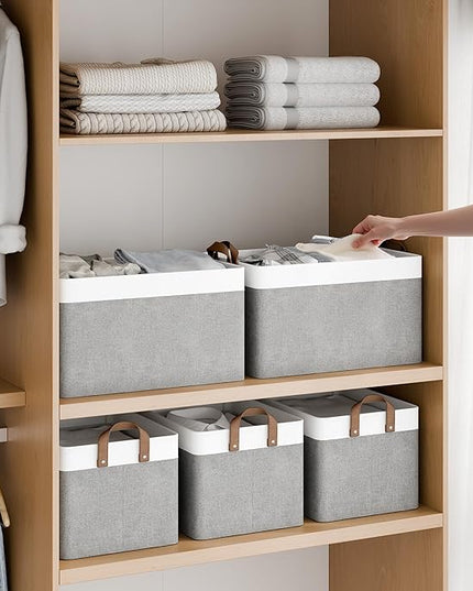 StorageWorks Storage Bins, Fabric Storage Bins for Shelves, Large Storage Baskets with Metal Frame, Closet Baskets and Bins with Handles, Gray and White, 2-Pack