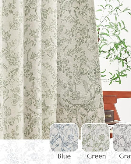 Lazzzy Linen Farmhouse Lined Curtains Green Floral 84 Inch Length Grommet Top Drapes for Living Room Bedroom Flower Patterned Country Vintage Curtains 2 Panels Set Green on Beige