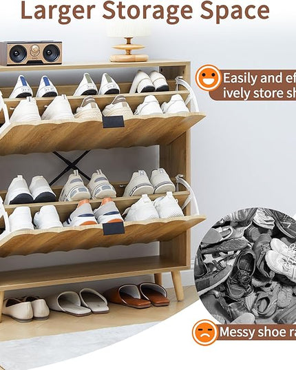 31.5” Fluted Shoe Cabinet Storage with 2 Flip Drawers,Narrow Freestanding Shoe Storage Organizer,Slim Shoe Rack Cabinet for Entryway,Hallway (Natural)