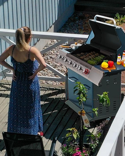 Royal Gourmet GA5403B 5 Burner Propane Gas Grill with Side Burner & Rear Burner, Cabinet Style Design BBQ Grill with 74,000 BTUs Output for Barbecue Grilling & Backyard Cooking, Blue