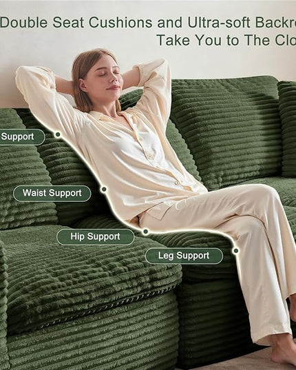 138” Modular Sectional Sofa Couches U Shaped Couch 4 Seater Cloud Sofa Memory Foam Sectional Couches for Living Room, Boneless Couch with Ottoman, Corduroy, Green