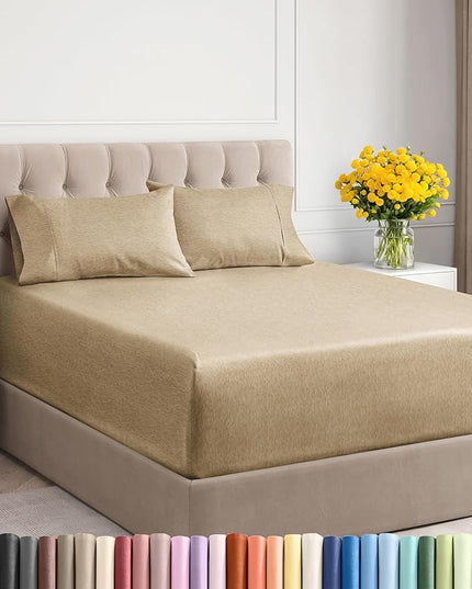 Extra Deep Twin XL Sheet Set - 4 Piece Breathable & Cooling Sheets - Hotel Luxury Bed Sheets Set - Easy Fit - Soft, Wrinkle Free & Comfy Sheets Set - Heathered Tan Sheet Set with Extra Deep Pockets