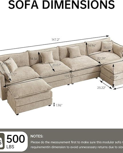 Modular Sectional Sofa, 147.2 Inch U Shaped Couch Set with Armrests, 4-Seater Comfy Cloud Couches with Movable Ottoman for Living Room Apartment, Coffee