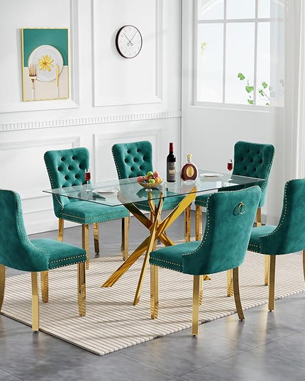 60" Glass Dining Table Set for 6, Modern Dining Room Table Set for 6, Gold X-Shape Pedestal Glass Table with 6pcs Green Dining Chairs, 7 Piece Dining Set for Dining Living Room