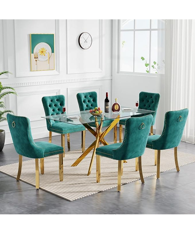 60" Glass Dining Table Set for 6, Modern Dining Room Table Set for 6, Gold X-Shape Pedestal Glass Table with 6pcs Green Dining Chairs, 7 Piece Dining Set for Dining Living Room