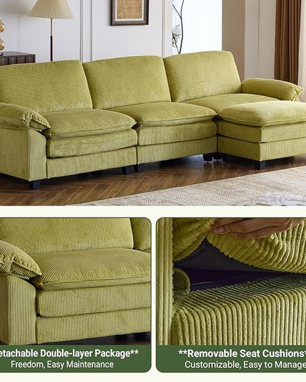 VINGLI 121" L Shape Sectional Couch, Convertible Sectional Couch for Small Living Room,Modern 3-Seat Convertible Loveseat Sofa with 1 Ottoman in Corduroy,Olive Green
