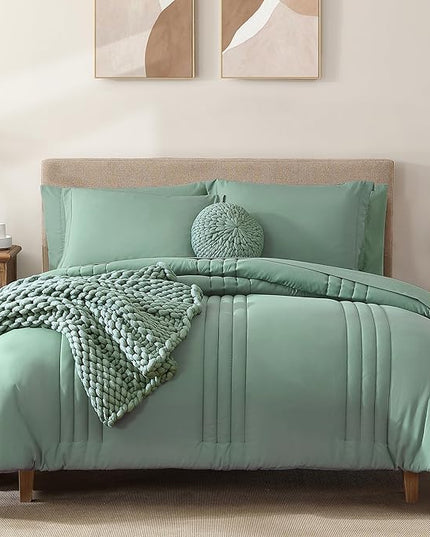 Monbix Queen Comforter Set - 7 Pieces Harbor Green Bed in a Bag Queen Bedding Sets with Comforters, All Seasons Down Alternative Comforter Bed Set with Sheets, Pillowcases & Shams