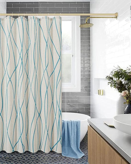 Blue Modern Farmhouse Linen Shower Curtain, Country Cottage Bathroom Decor Striped Minimal Boho Textured Linen Shower Curtain Set with Hooks, 72x72