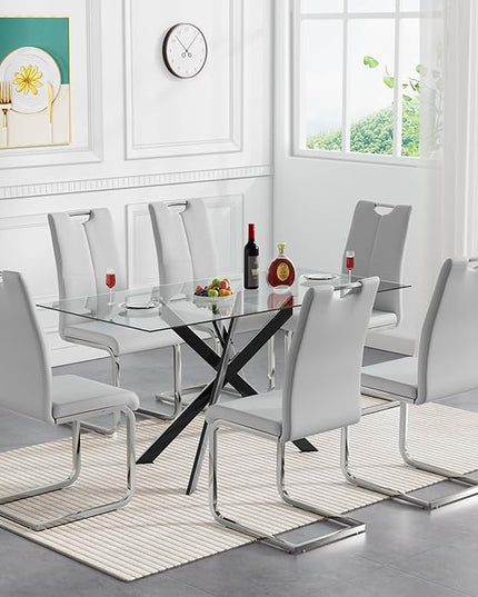 7 Piece Glass Dining Table Set, Glass Kitchen Dining Room Table Set for 6, 61" Modern Rectangular Black Glass Metal Dining Table with 6 Grey PU Leather Dining Chairs for Kitchen Dining Room