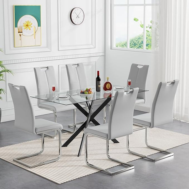 HomVent 7 Pieces Rectangular Glass Dining Table Table Set, Glass Kitchen Table Set for 6 with 6 PU Dining Chairs for Kitchen Dining Room