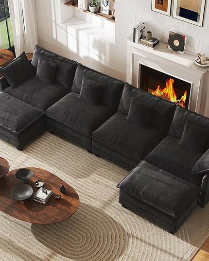 WorthFurni 146” Oversized Modular Sectional Sofa, U Shaped Cloud Couch Set, 4-Seater Comfy Chenille Couches with 2 Movable Ottomans, DIY Combination for Living Room (Black)