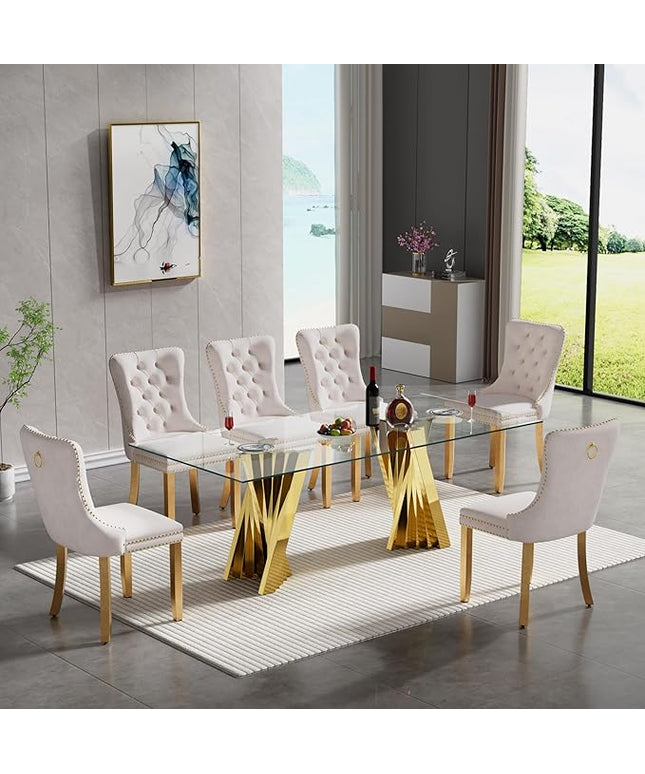 7 Piece Glass Dining Table Set,70" Dinner Room Glass Table Set for 6,Modern Kitchen Dinner Table Set with Stainless Steel Base and 6 Upholstered Velvet Dining Chairs for Living Dining Room