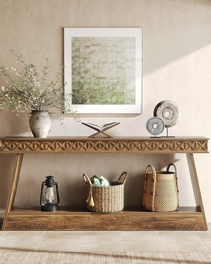 LITTLE TREE 70.87" Long Farmhouse Console Table, 2-Tier Shelf Narrow Accent Entryway Sofa Table for Living Room, Behind Couch, Hallway - Light Brown