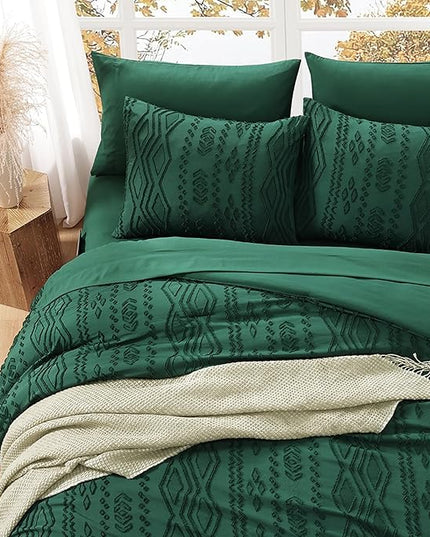 King Size Comforter Set Emerald Green, Tufted Boho Bedding Farmhouse Dark Green Bed Set, All Season 7 Pieces Bed in a Bag with Sheets, Pillowcases & Shams