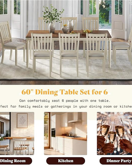 AMERLIFE 9-Piece Farmhouse Solid Wood Dining Table Set with 8 Upholstered Chairs, Roman Conical Legs, Seats up to 8, 79'' Dining Table & Chairs Set for Kitchen and Dining Room, Rustic Cream