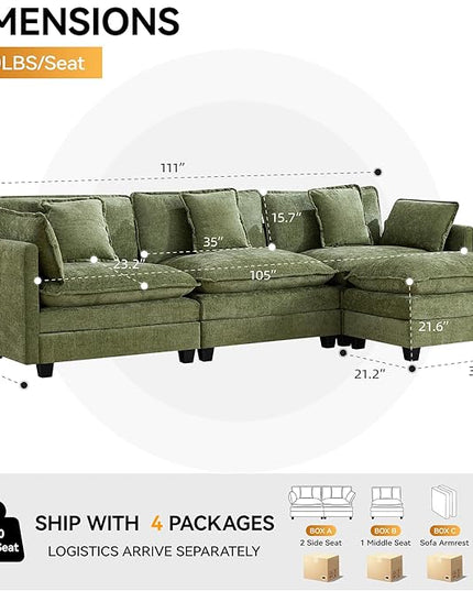 111'' Sectional Cloud Deep Seat Couch, Modern Comfy Chenille L Shaped Sectional Sofa for Living Room Set, Upholstered Modular 3-Seats Sofa Couch with 1 Movable Ottoman, Green