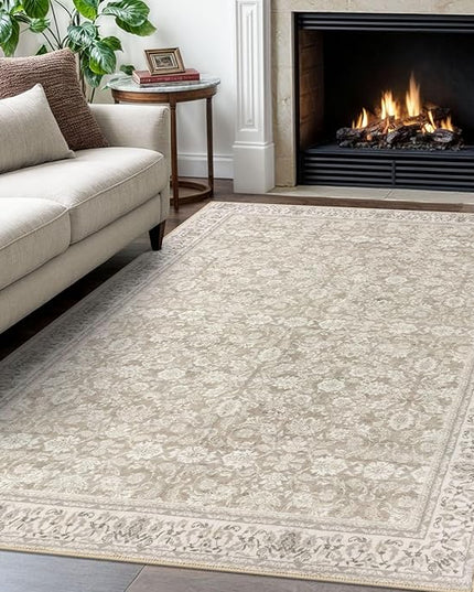 4x6 Washable Rug Cream Beige White Grey Small Area Rug for Entryway Soft Non-Slip Indoor Door Rugs Distressed Floral Low-Pile Doormat, Neutral Vintage Carpet for Entrance Kitchen Farmhouse