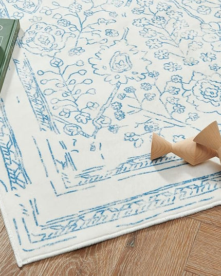 jinchan Hallway Runner Rug 2x8 Washable Kitchen Flora Faux Wool Non-Slip with Rubber Backing Soft Thin Vintage Carpet Runner for Bedroom Bathroom Laundry Room Living Room (2x8ft,Blue)