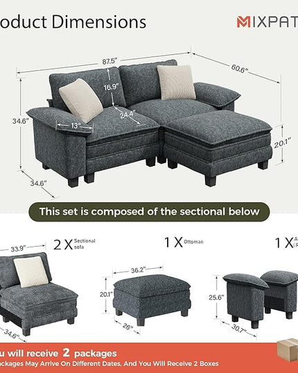 87-Inch L Shaped Sectional Sofa with Cloud Cushions, Deep Seat Modular Couch Set w/ 3 Seats & 1 Ottomans, Removable Arms, Plush Chenille Upholstery for Living Room, Apartment - Cyan
