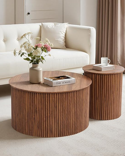 Fluted Round Nesting Coffee Table Set of 2, Mid Century Modern Wood Coffee Table and End Table Set, Minimalist Center Tables Circle Side Table for Living Room, Office(Walnut)