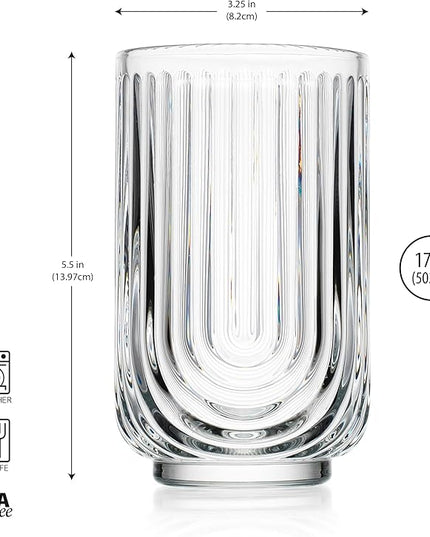 Glaver's Drinking Glasses Set of 8. 17oz Vintage Drinking Cups. Ripple Cocktail Glasses, Ribbed Drinking Highball Glass Cups. Arch Designed Art Deco Glassware for Water Juice Coffee. Package may Vary