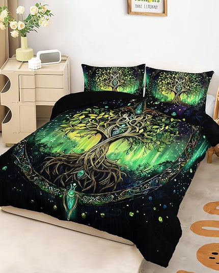 AILONEN Tree of Life Bedding Queen, Green Plant Starry Bohemia Comforter Set, Soft Lightweight Comforter Set, Exotic Boho Bedding 3-Piece, 1 Comforter + 2 Pillowcases