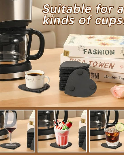 24 PCS Slate Drink Coasters Bulk,4 Inch Black Slate Stone Coasters for Office, Home Decor,Laser Engraving Blanks with Anti-Scratch Bottoms for Coffee Bar Kitchen(Heart)