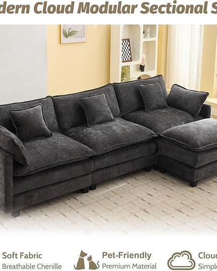 111'' Sectional Cloud Deep Seat Couch, Modern Comfy Chenille L Shaped Sectional Sofa for Living Room Set, Upholstered Modular 4-Seats Sofa Couch with Movable Ottoman, Dark Grey