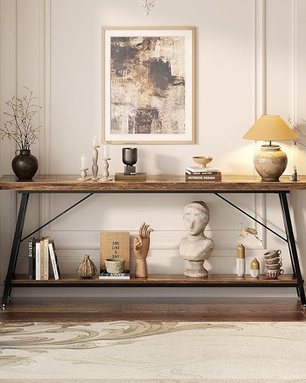 Homieasy 70.9 Inch Extra Long Console Table, Industrial Sofa Table Behind Couch with Charging Station & Storage Shelf, Entryway Table for Living Room & Entryway, Rustic Brown