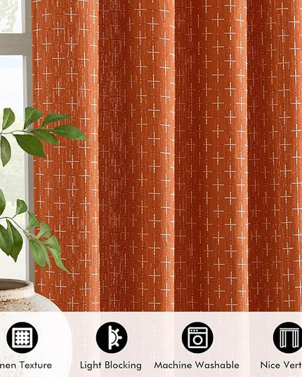 MIULEE Decorative Back Tab Linen Curtains with Geometric Pattern for Living Room Bedroom Farmhouse Rustic Thick Woven Textured Patterned Floor to Ceiling Drapes 102 Inch Long 2 Panels, Burnt Orange
