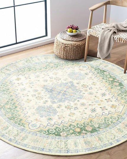MUJOO Round Rug 4ft,Small Cicle Area Rug Washable,Circular Rugs for Entryway Bedroom Kitchen,Boho Non Slip Throw Carpet Light Green and Blue