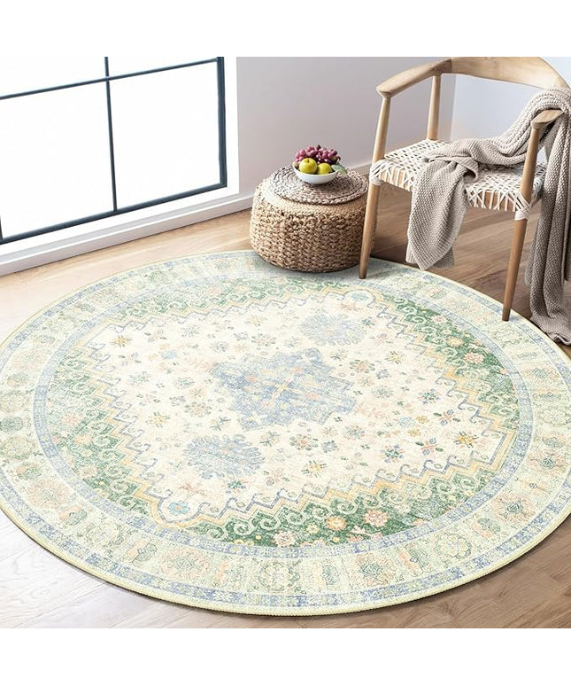 MUJOO Round Rug 4ft,Small Cicle Area Rug Washable,Circular Rugs for Entryway Bedroom Kitchen,Boho Non Slip Throw Carpet Light Green and Blue