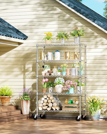 IZEUK 5-Tier Storage Shelving Unit with Wheels, Adjustable Heavy Duty Steel Wire Rack Organizer (Chrome, 17.7" D x 47.2" W x 76.7" H, 1750 lbs Capacity) for Garage, Kitchen, Pantry, Laundry