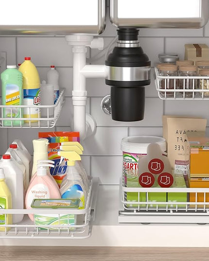 Under Sink Organizer, Adjustable Height Pull-Out Kitchen Storage Organization,15.8" x 11.8" x 16.5", 2-Tier Kitchen Shelf, Bathroom Drawer Organizer, 2 Pack|White